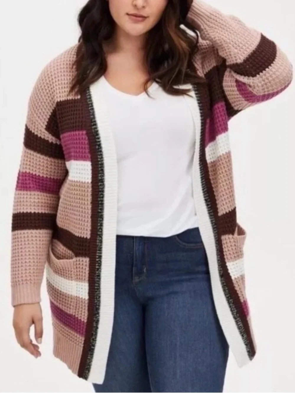 Torrid Pink, Brown & Cream Striped Open-Front Cardigan Size 2 (2X)